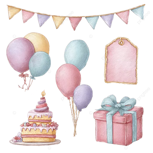 现实的生日派对贴纸，带蛋糕气球礼品标签横幅横幅纹理柔和的音调