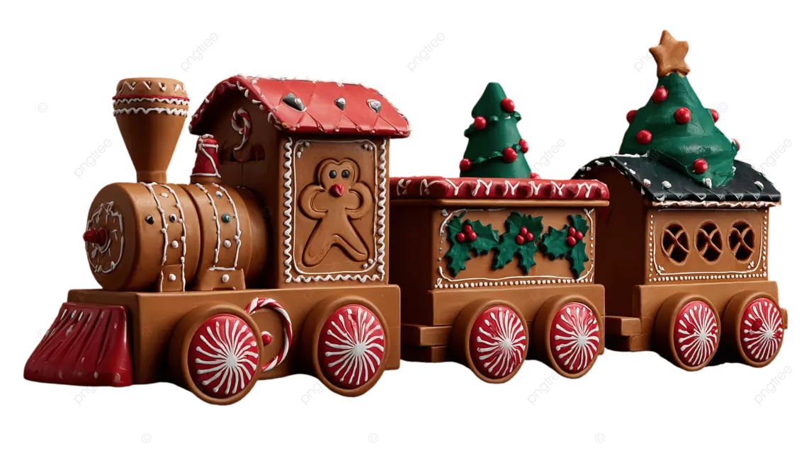 一列圣诞火车，车厢上装饰着姜饼拐杖糖和圣诞树