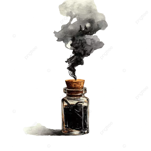 水晶黑色小瓶，配有木质瓶塞和缕缕烟雾，dnd 风格水彩插画