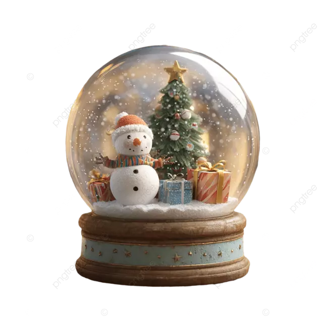 木桌上摆放着一个雪球，里面装着圣诞树 礼物和微笑的雪人。雪球里还有一个雪人。