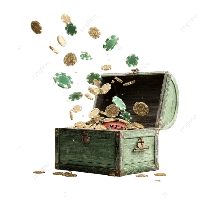 带有金币赌场芯片和轮盘赌在白色上开的宝藏箱