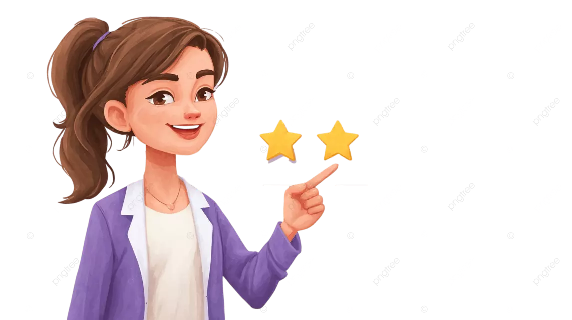 身穿紫色外套的女子指着黄色星形评分条