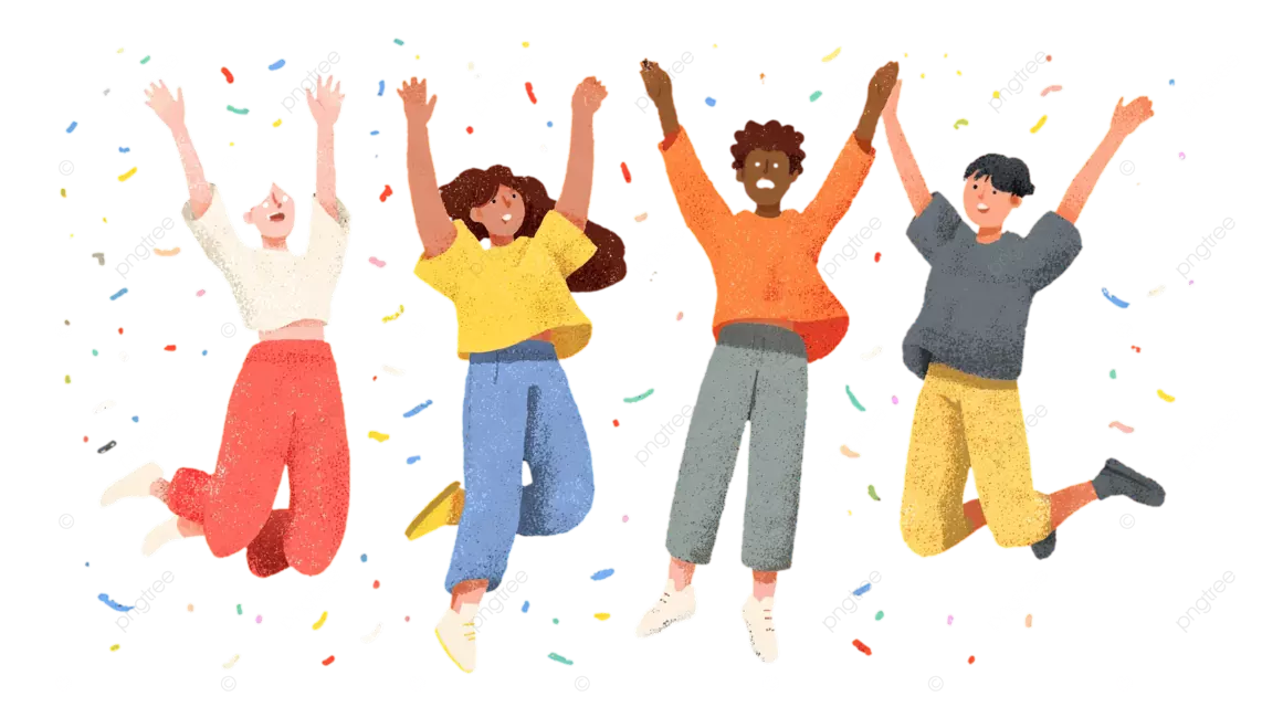 四个卡通人物拿着彩色纸屑开心地跳跃