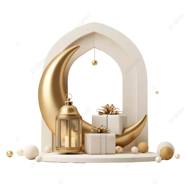 极简开斋节背景，配有金色新月灯笼礼物和白色拱门