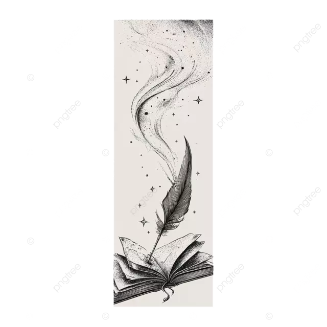 极简主义黑白幻想书签，附有魔法书和漂浮的羽毛笔