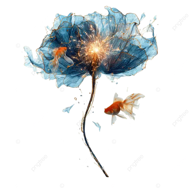 一朵色彩缤纷的闪光花，花瓣绽放，围绕着金鱼在白色背景上翩翩起舞。