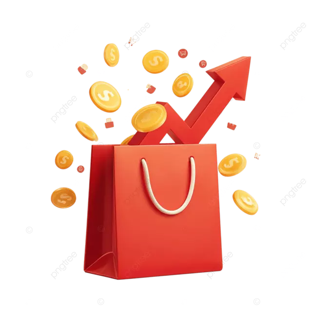 带有金币的鲜红色购物袋象征销售增长极简主义电子商务设计