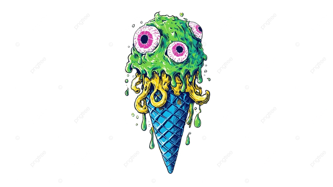 一个色彩鲜艳的冰淇淋甜筒，有着绿色的液体粉色眼睛和黄色的触手