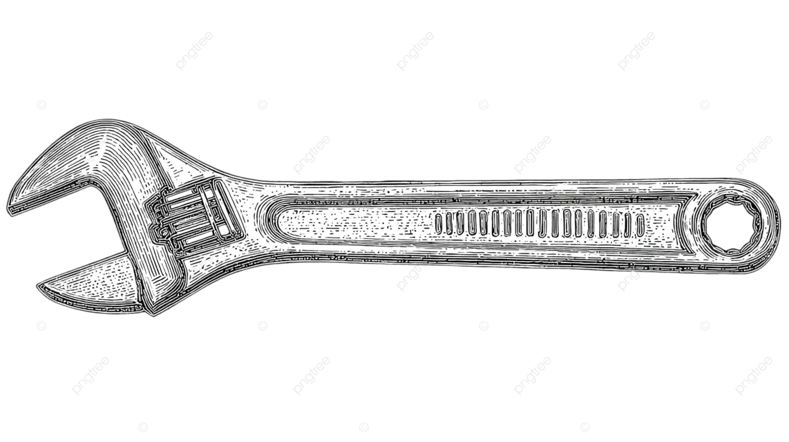 一个简单的黑色线条图，描绘了一个带有刻度和铆钉的功能性扳手。