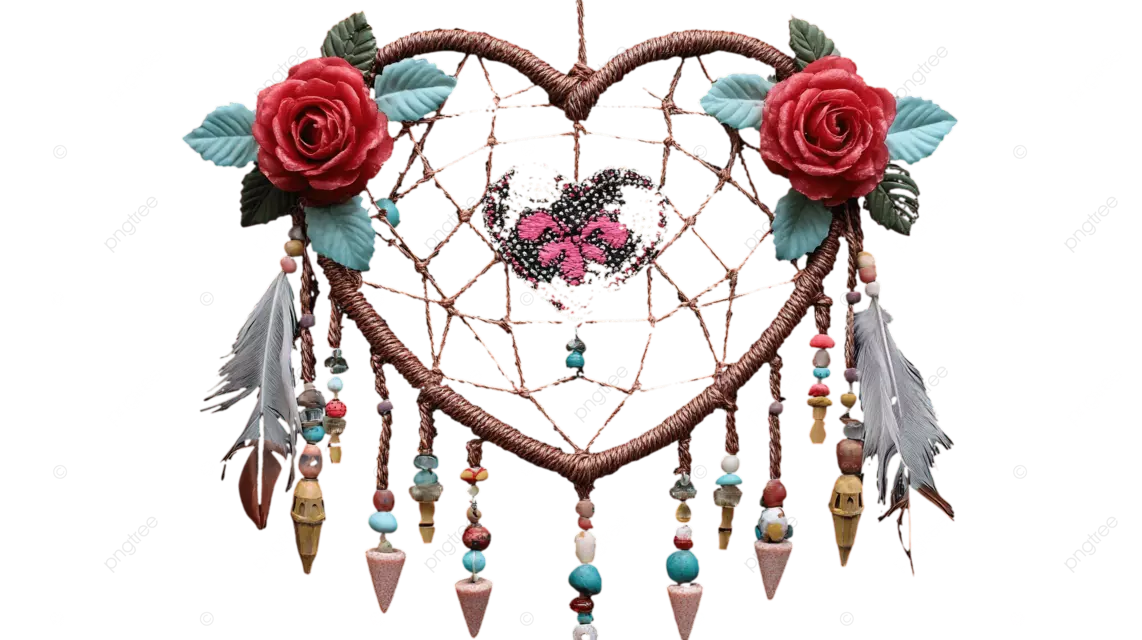 波西米亚风格的心形捕梦网，上面有红玫瑰和羽毛