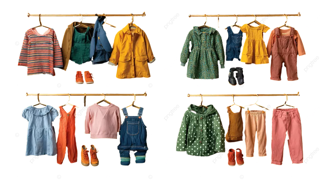 儿童服装挂在金色衣架上，配有同款鞋子