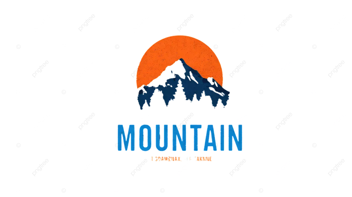 极简主义的山形标志，配以橙色太阳和蓝色松树。