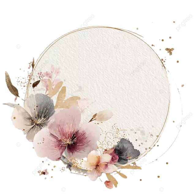 圆形水彩标签，带有各种花朵的花朵柔软的空灵笔触，米色纹理纸背景精致的金色银线通过花卉元素编织优雅成分