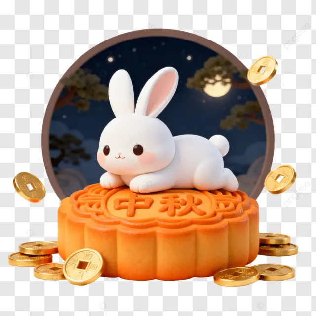 卡通3D铜钱月饼兔子星空夜中秋团圆夜剪纸画