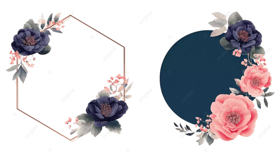 海军蓝玫瑰框架六边形和圆形，配以粉色花朵和绿叶