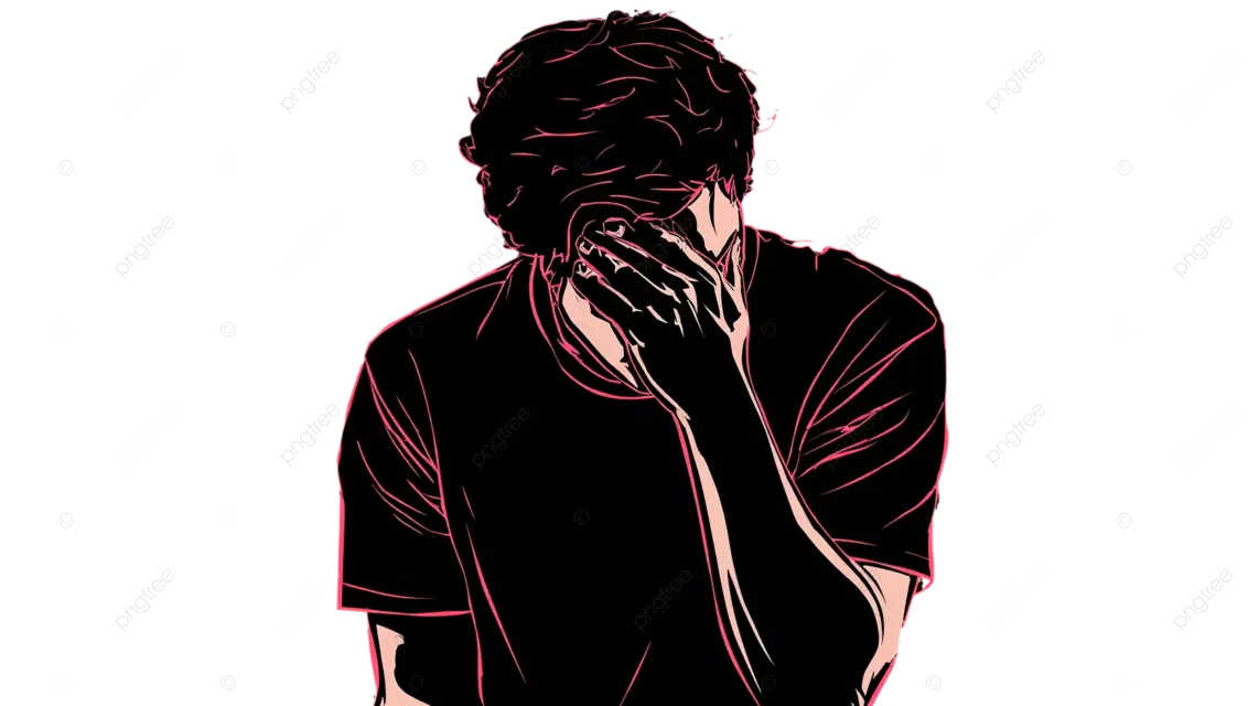 一个无助的卡通人物用粉色线条画遮住了脸。