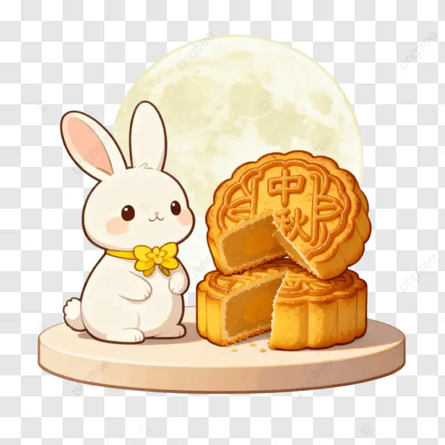 卡通水彩月饼兔子中秋团圆夜剪纸画