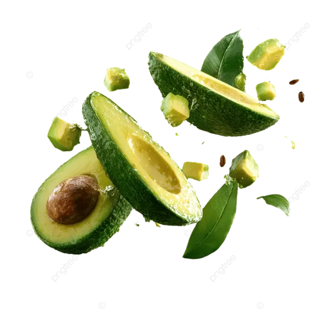 鳄梨切片和立方体在黑色背景上飞翔的绿叶