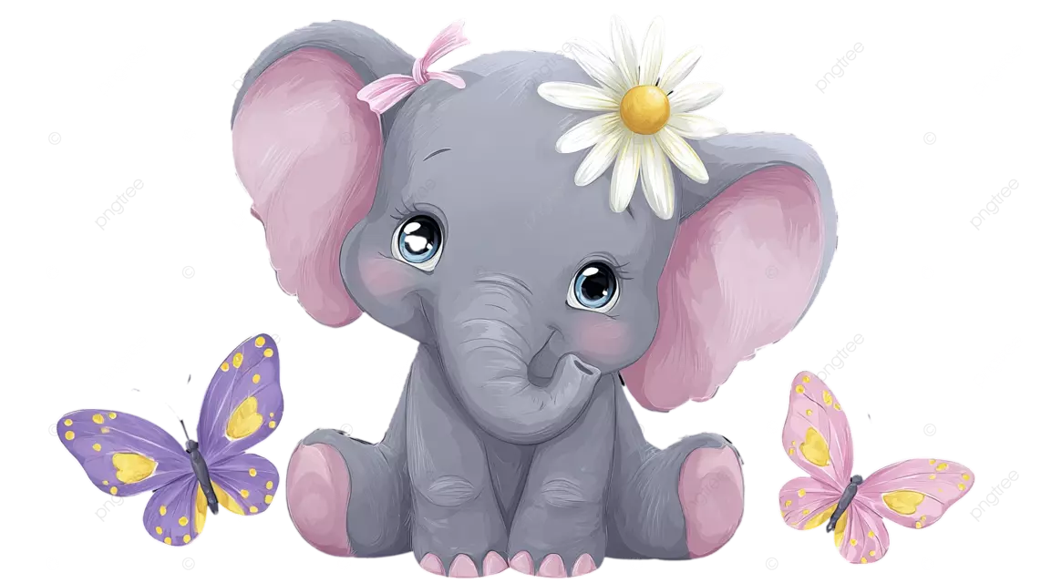 一头灰色的卡通大象，大眼睛，头戴花和丝带，黑色背景上带着蝴蝶微笑