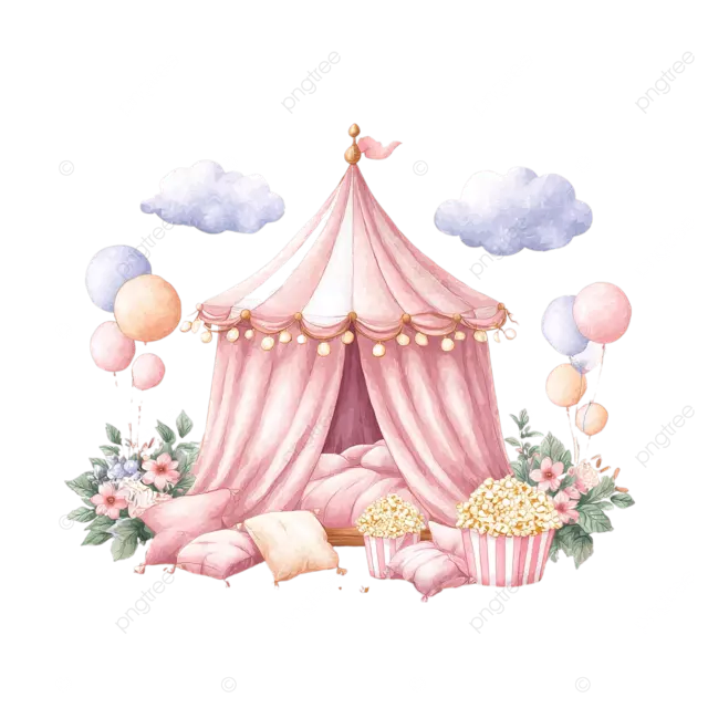 带枕头的腮红粉红色的沉睡派对帐篷和软奶油粉彩颜色的爆米花