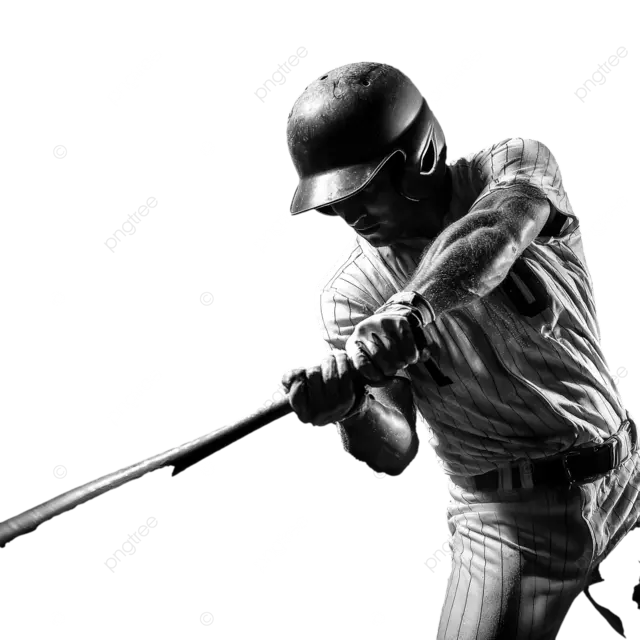 黑白棒球运动员用球棒击球，浓重的阴影，烟雾缭绕，对比强烈。