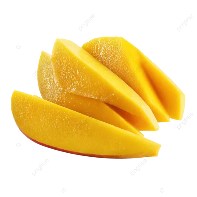 新鲜芒果切成三块，白色背景