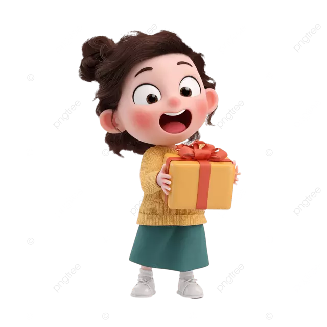 3D 卡通女孩拿着礼物盒开心夸张的表情白色背景