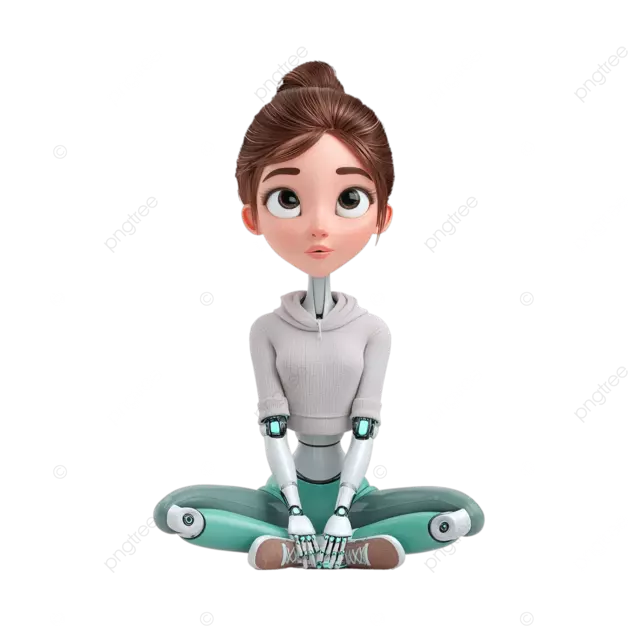 可爱的女性机器人和马尾辫穿着休闲衣服的白色背景