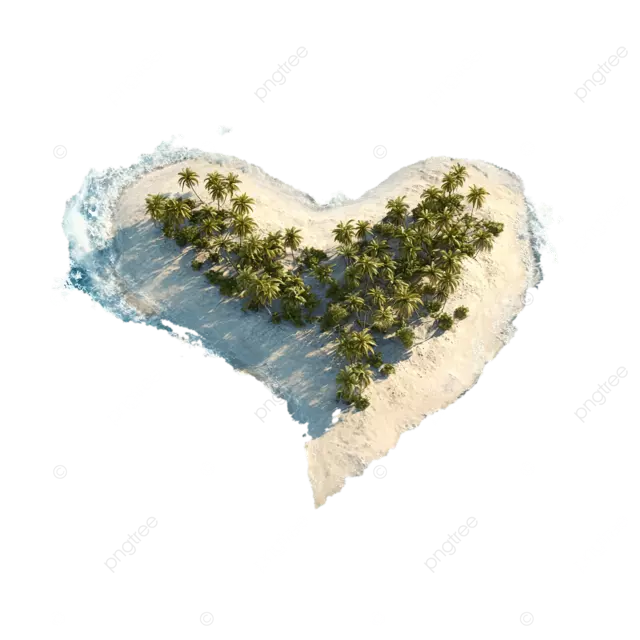 一座美丽的心形热带岛屿，椰树成荫，碧海蓝天。