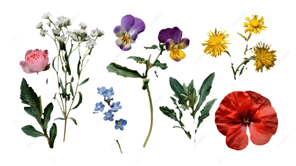 黑色背景上的六组花，白色雏菊，紫色三色堇，黄色蒲公英，粉色玫瑰，蓝色花朵，红色罂粟花