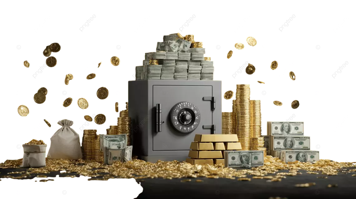 大量金币和美元钞票堆放在灰色的保险箱周围