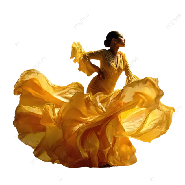弗拉明戈舞者身着黄色长裙，摆出半身姿势，裙摆飘逸，形成抽象的织物形状。