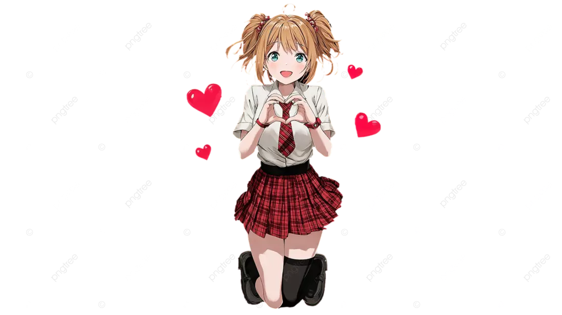 身穿校服 长着双马尾的动漫女孩，做出爱心手势