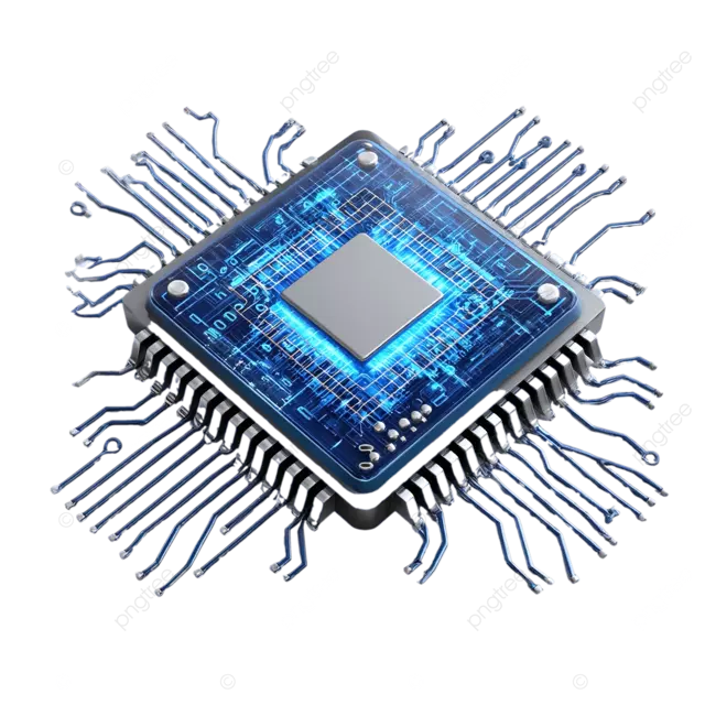 透明背景上带有电路板线条的蓝色计算机芯片高分辨率 png 剪贴画