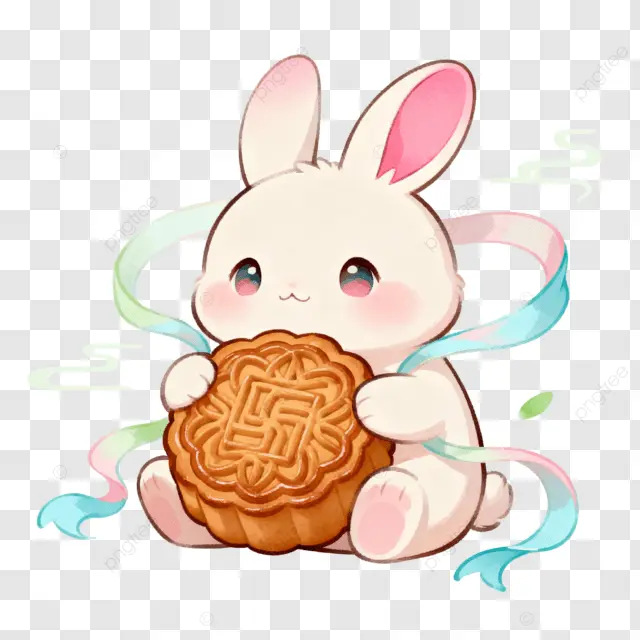 卡通水彩兔子月饼丝带祥云中秋团圆夜剪纸画