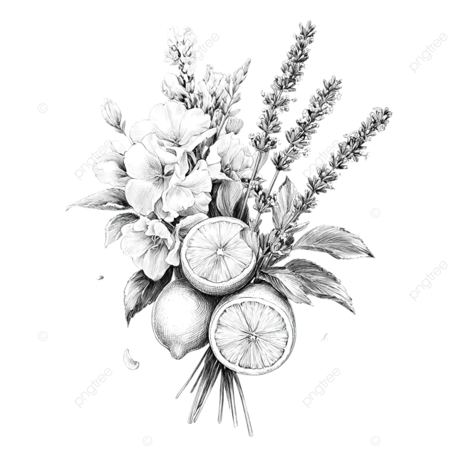 漂亮的薰衣草花和柠檬手绘墨水花束夏季主题