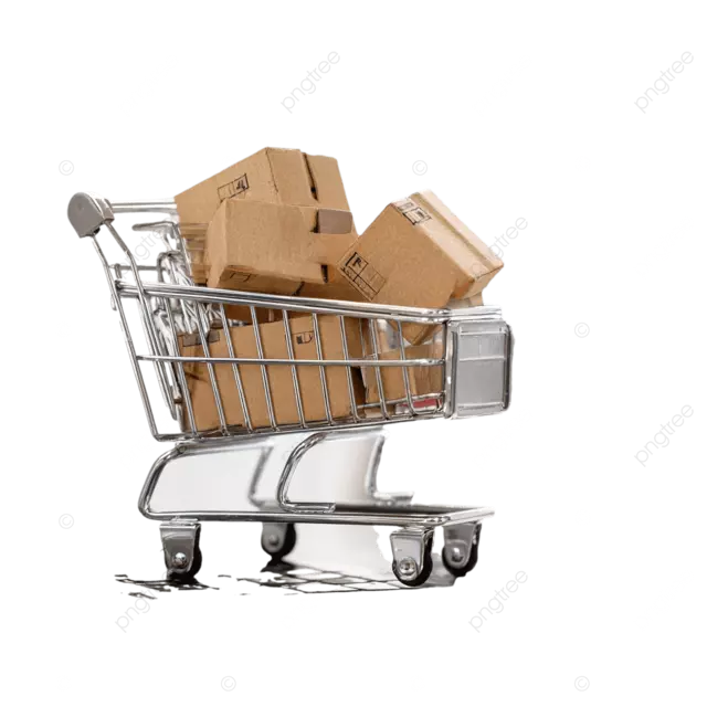 微型购物车带有盒子，旁边是开放笔记本电脑概念的在线购物电子商务