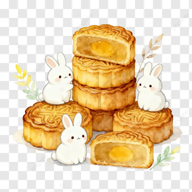 卡通水彩月饼兔子植物树叶中秋团圆夜剪纸画