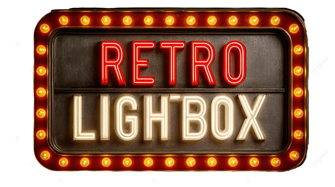 一个红色的复古灯箱，配有黄色灯泡，背景是黑色的。