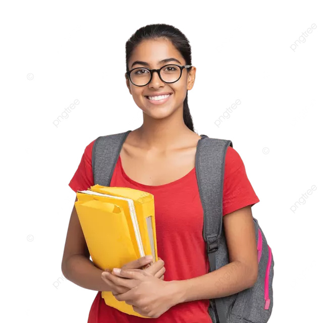 一位面带微笑的年轻女子，身穿红色衬衫，戴着眼镜，手里拿着黄色笔记本。