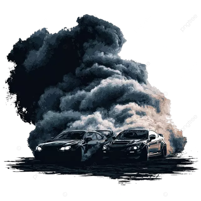 两辆汽车在烟雾风格的卡通深色边缘徽标中漂流