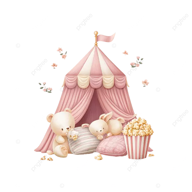 带枕头的腮红沉睡派对帐篷和软奶油粉彩水彩中的爆米花