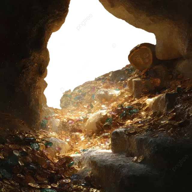 龙之宝藏洞穴金币和宝石写实油画梦幻光芒
