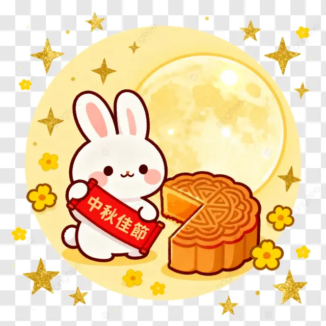 卡通水彩画桂花月饼月亮中秋团圆夜剪纸画