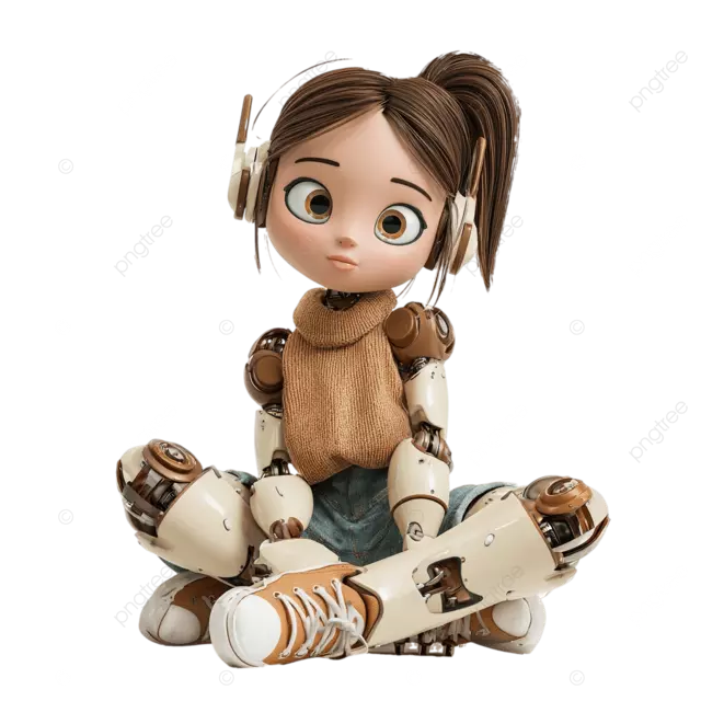 可爱的女性机器人坐在休闲衣服上，棕色马尾辫在白色背景上