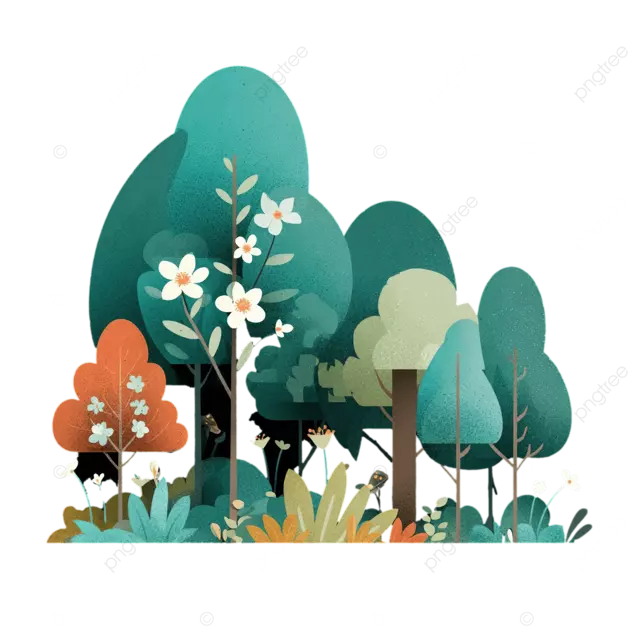 一幅风格活泼的简单森林风景画，树木和绿叶点缀其间。