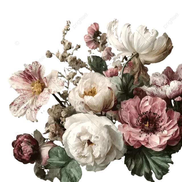 西方古典油画风格的白色背景上的复古花