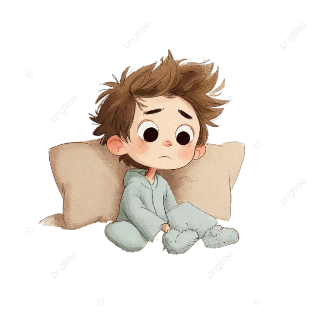 悲伤的卡通男孩，棕色头发穿着绿色睡衣在棕色枕头上