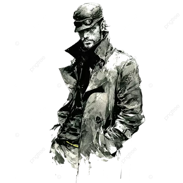 赛博朋克黑色侦探角色，采用新川洋司  Yoji Shinkawa  风格，白色背景上具有忧郁的高对比度