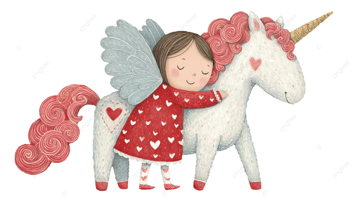 身穿红裙的小女孩用爱心拥抱着可爱的粉色鬃毛独角兽。